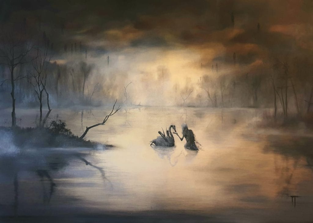 a sceleton greeting a dead swan on a lake with spirits in a looming sky