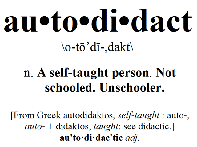 black text "autodidact" in sound letters on white background