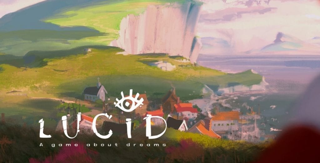 Cliff with city and ocean with the title lucid - a game about dreams
