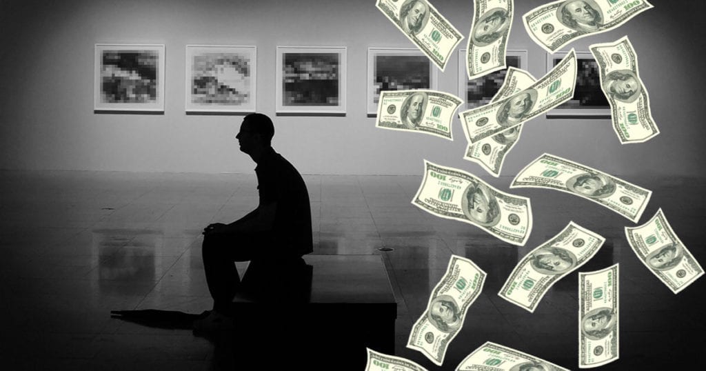 Man sitting in a dark gallery with money pouring down