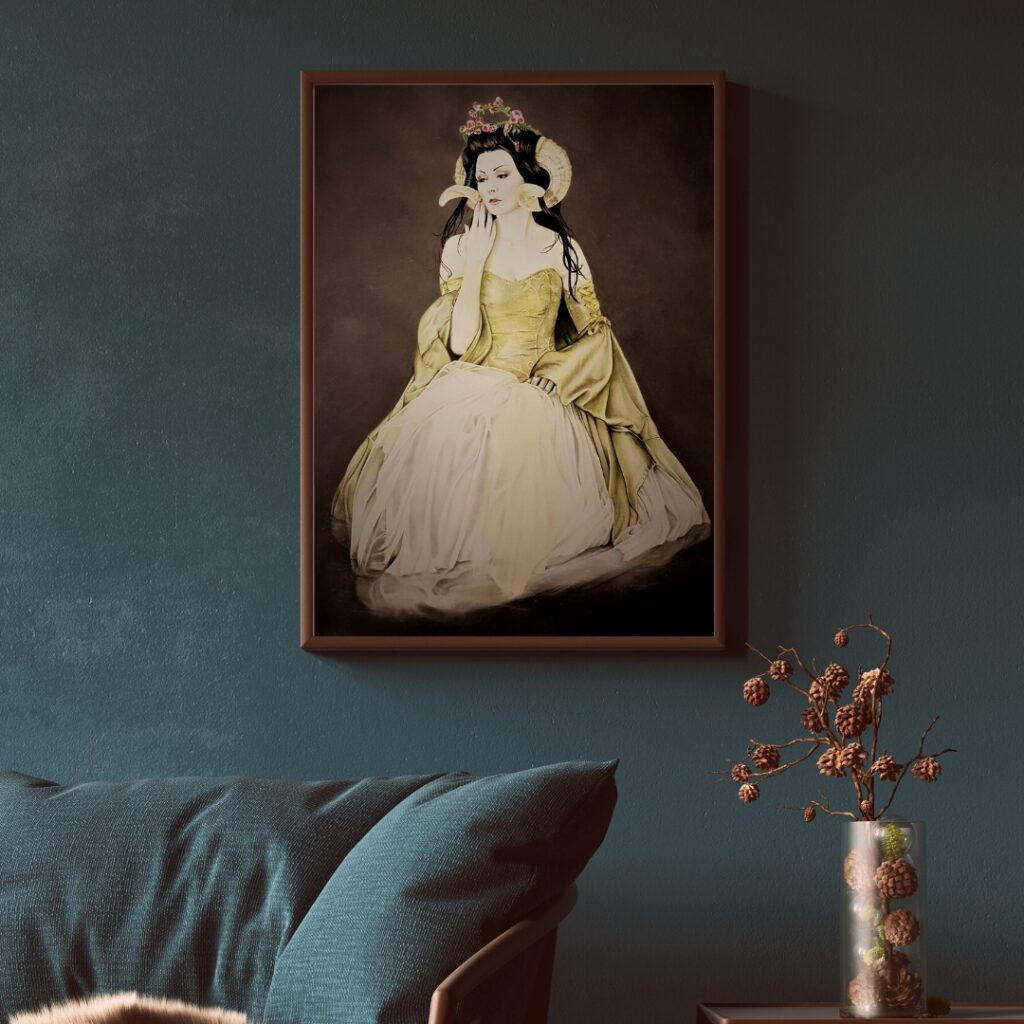 Drawing of a woman in green and white dress in dark water hanging framed on dark wall